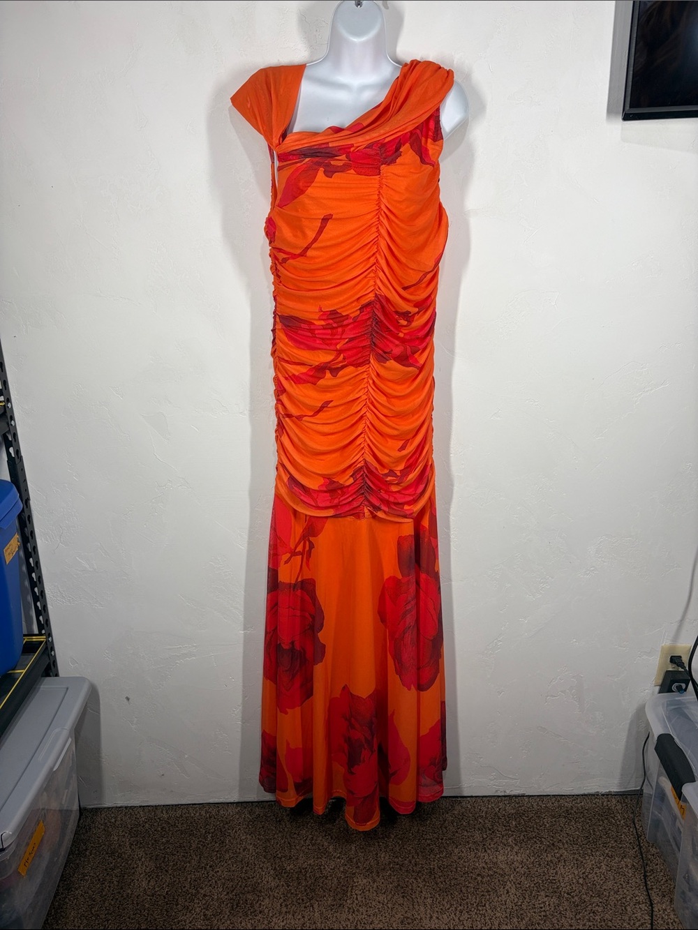 NWT Baltic Born Santorini Ruched Orange Maxi Dress Red Floral Accents size XL
